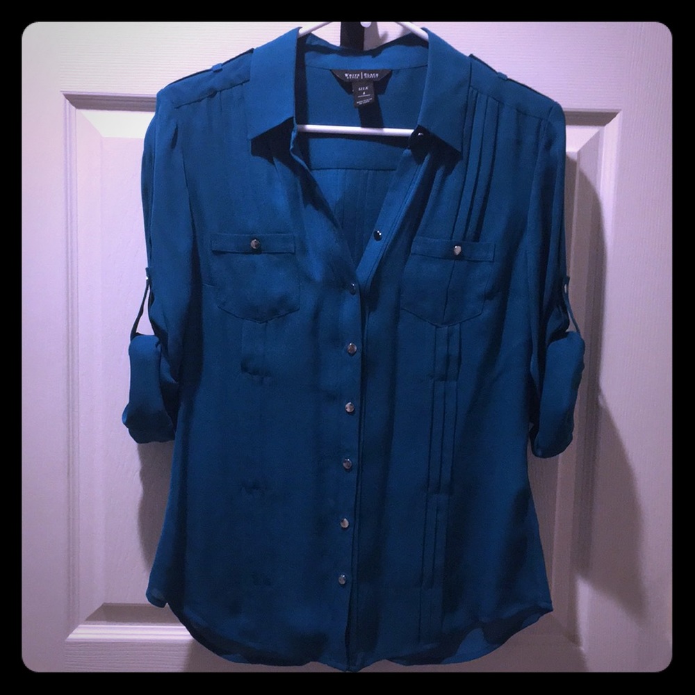 Teal silk blouse with silver button detail